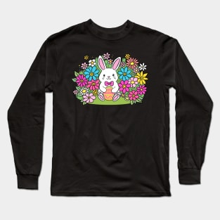 Adorable cartoon easter bunny holding a colourful egg surrounded by flowers Long Sleeve T-Shirt